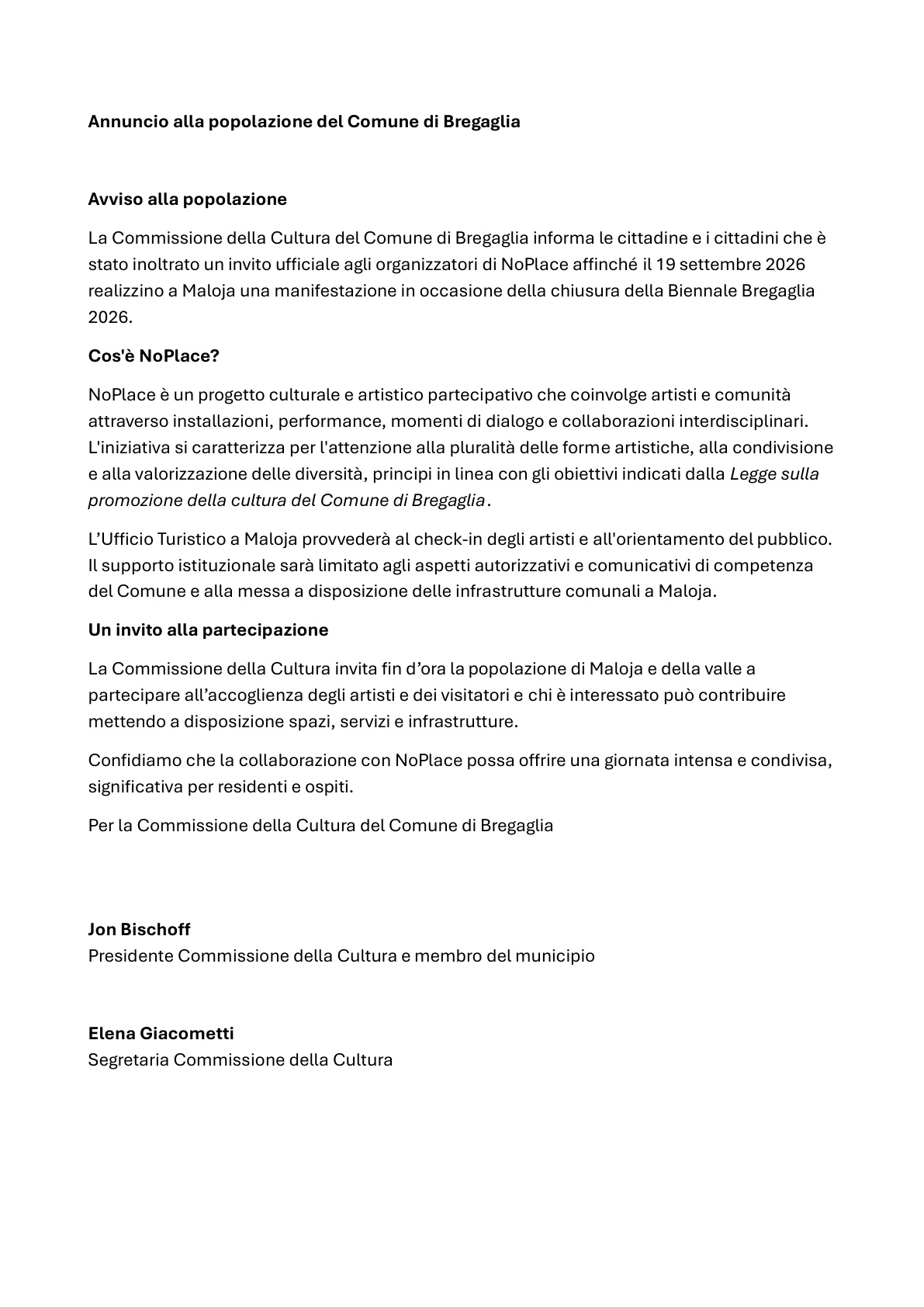 Avviso alla popolazione
